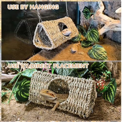 Reptile Hide Cave,Hanging Seagrass Fiber Bearded Dragon Hammock Swing Climbing Toys with Plants Decor,Gecko Hideout Hollow Cave Tank Accessories for Lizard Snake-Triangle S - size: Triangle S:7.87*3.94*3.94"