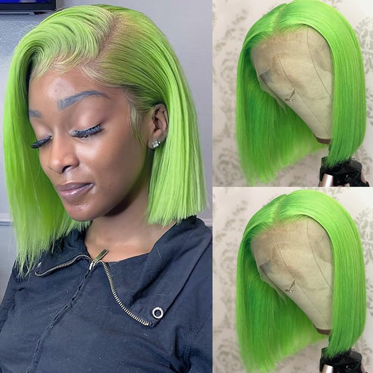 Lace Frontal Wig Glueless Brazilian Virgin Hair Straight Short Silky Bob Wigs 12'' 180% Density Middle Part With Baby Hair Color