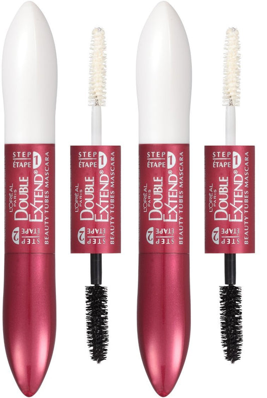 Lor  Al Paris Makeup Double Extend Tubing Mascara, Lengthening 2 Step Mascara, Smudgeproof, Blackest Black, Pack Of 2