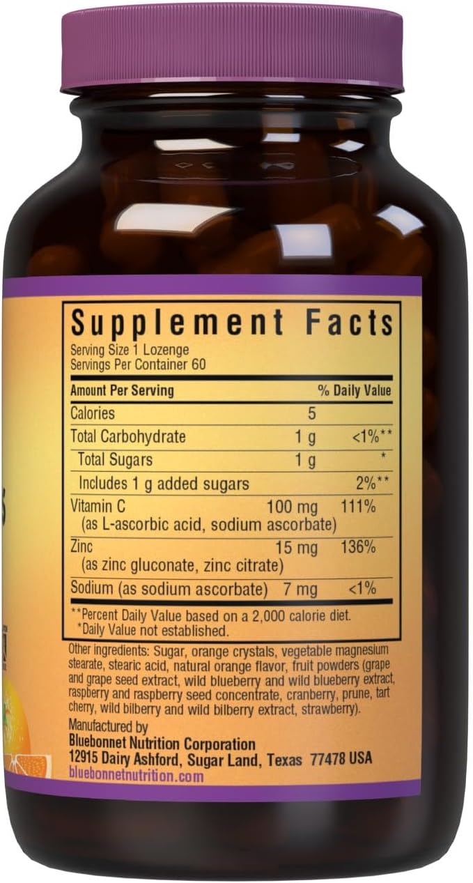 Bluebonnet Nutrition Earthsweet Zinc Lozenges 15mg Chewables, Plus 100mg of Vitamin C, Soy-Free, Gluten-Free, Kosher Certified, Dairy-Free, Vegan, Orange Flavored, 60 Lozenges