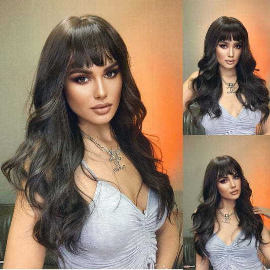 Ishine Wigs For Women, Long Wavy Curly Colored Wigs With Bangs, Black Brown Synthetic Wigs For Daily Cosplay Party Replacement W