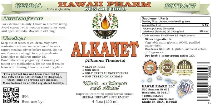 Alkanet Alcohol-Free Liquid Extract, Alkanet (Alkanna Tinctoria) Dried Root Glycerite Hawaii Pharm Natural Herbal Supplement 2x4 oz