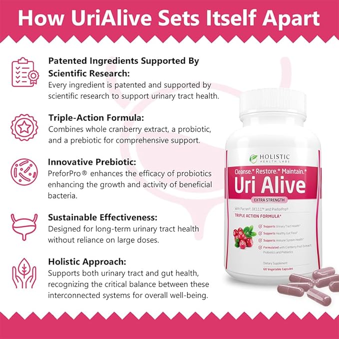 Uri Alive Extra Strength Urinary Support Supplement for Urinary Tract, Bladder, Gut Flora, and Immune System Health (60 Count (Pack of 3))