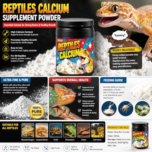 Reptile Calcium Powder with D3-2oz Fine Grind for Bearded Dragons, Leopard Geckos & Tortoises | Essential Vitamin Supplement for Bone Health & Strong Shells