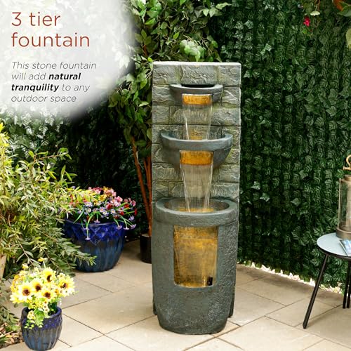 Alpine Corporation TZL384 Outdoor 3 Tier Water Fountain with LED Lights for Garden, Patio, Lawn and Yard Spaces, 51" H, Gray - style: 51"H 3-Tier w/ LEDs