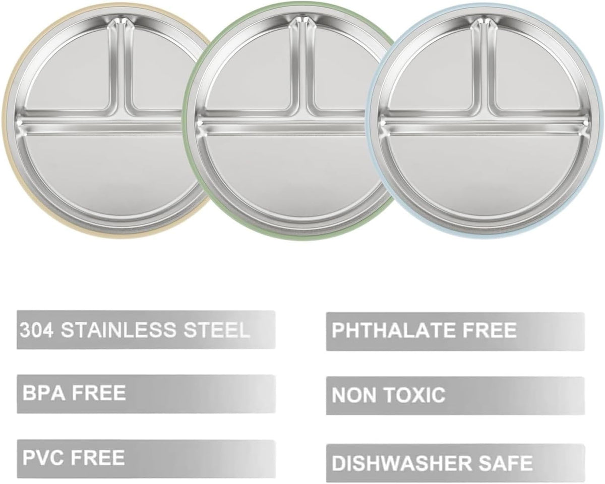 PandaEar 3 Pack Stainless Steel Baby Suction Plates, Divided Toddler Plate for Baby Led Weaning Supplies, Non-Slip Toddler Baby Feeding Set Dishwasher Safe (Blue/Green/Brown)