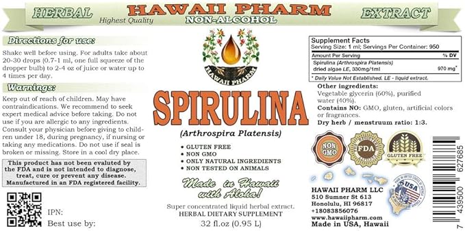 Spirulina Alcohol-Free Liquid Extract, Organic Spirulina (Arthrospira platensis) Dried Algae Glycerite Natural Herbal Supplement, Hawaii Pharm, USA 2x32 fl.oz