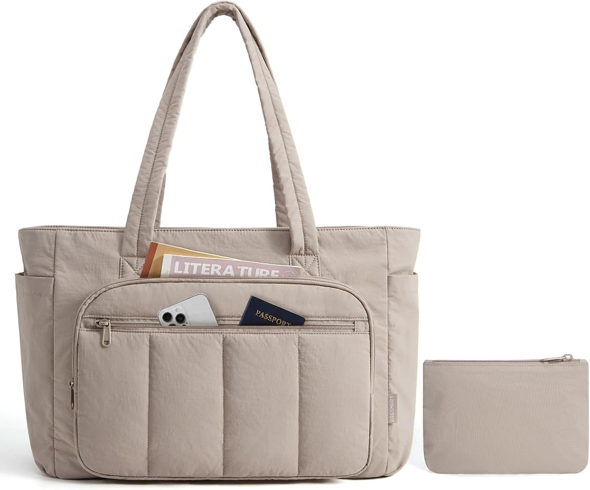 BAGSMART Tote Bag for Women, 2 Set Work Tote Bag with Zipper | 20L Capacity, 15.6'' Laptop Quilted Nurse Handbags for Work Travel College