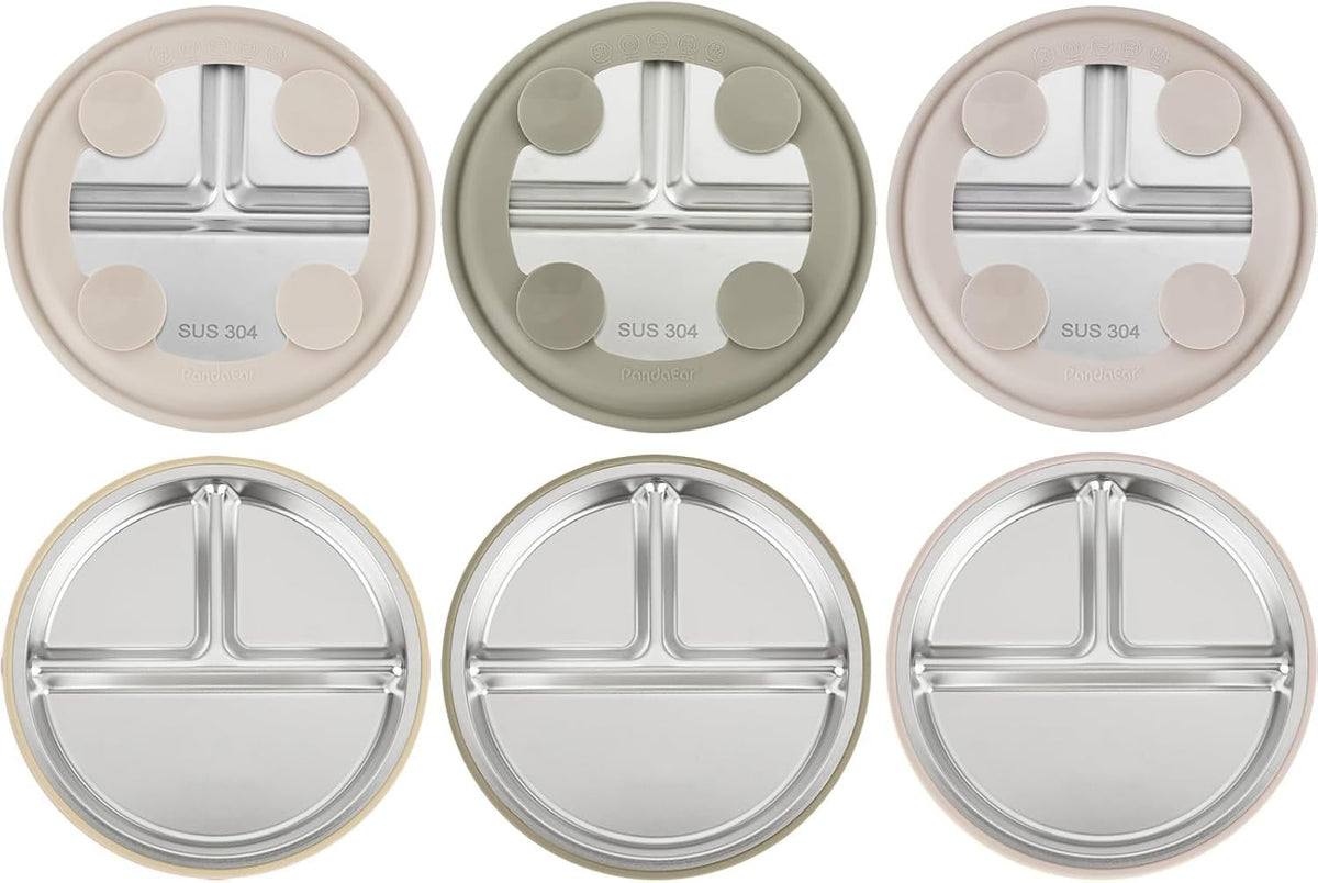 PandaEar 3 Pack Stainless Steel Baby Suction Plates, Divided Toddler Plate for Baby Led Weaning Supplies, Non-Slip Toddler Baby Feeding Set Dishwasher Safe (Blue/Green/Brown)