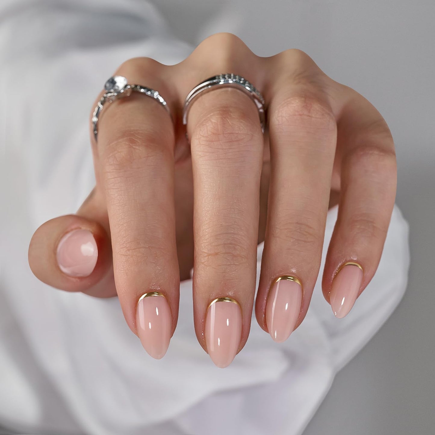 Btartbox Press On Nails Almond - Short Nails Press Ons With Gold Foil Design, Glue On Nails For Women Gift, Supremely Fit Glossy