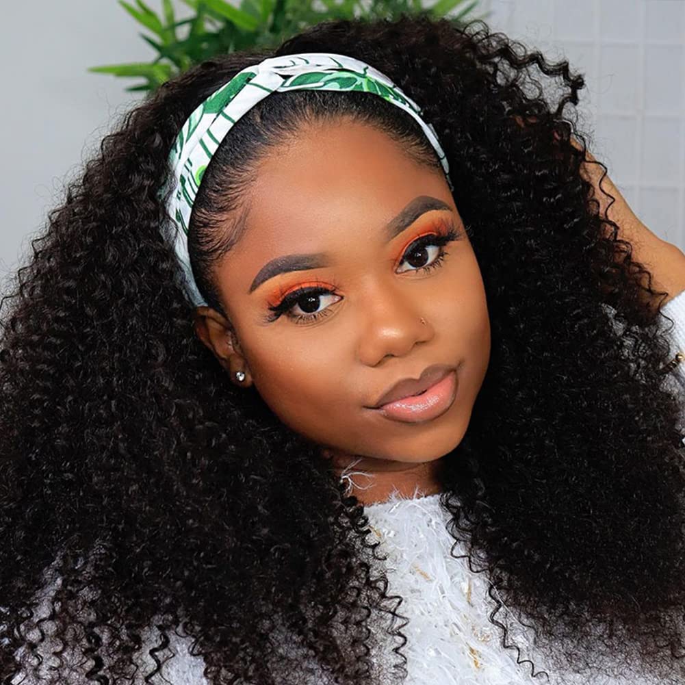 Punmasa Deep Wave Headband Wig Human Hair 18 Inches Glueless None Lace Front Wigs Machine Made 150% Density Half Wigs Natural Co