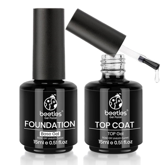 Beetles Gel Polish Base Gel Top Coat Set, 2Pcs 15Ml/0.5Oz Clear Base Coat No Wipe Top Gel Set Soak Off Uv Led Glossy Shine Finis