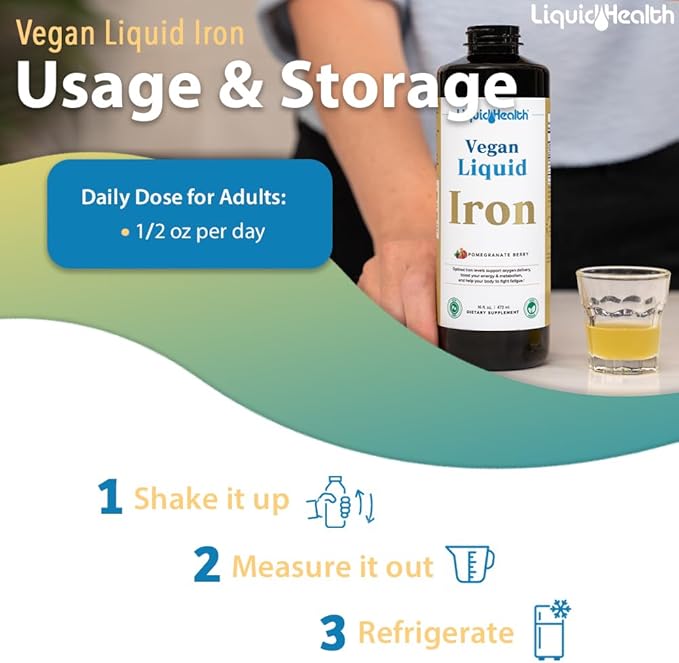 LIQUIDHEALTH Vegan Liquid Iron Supplement with SunActive & Ferrochel Iron - Natural Energy, Immune System & Metabolic Support, Increase Mental Clarity, Prenatal/Postnatal - USA Made, Non-GMO (16 oz)