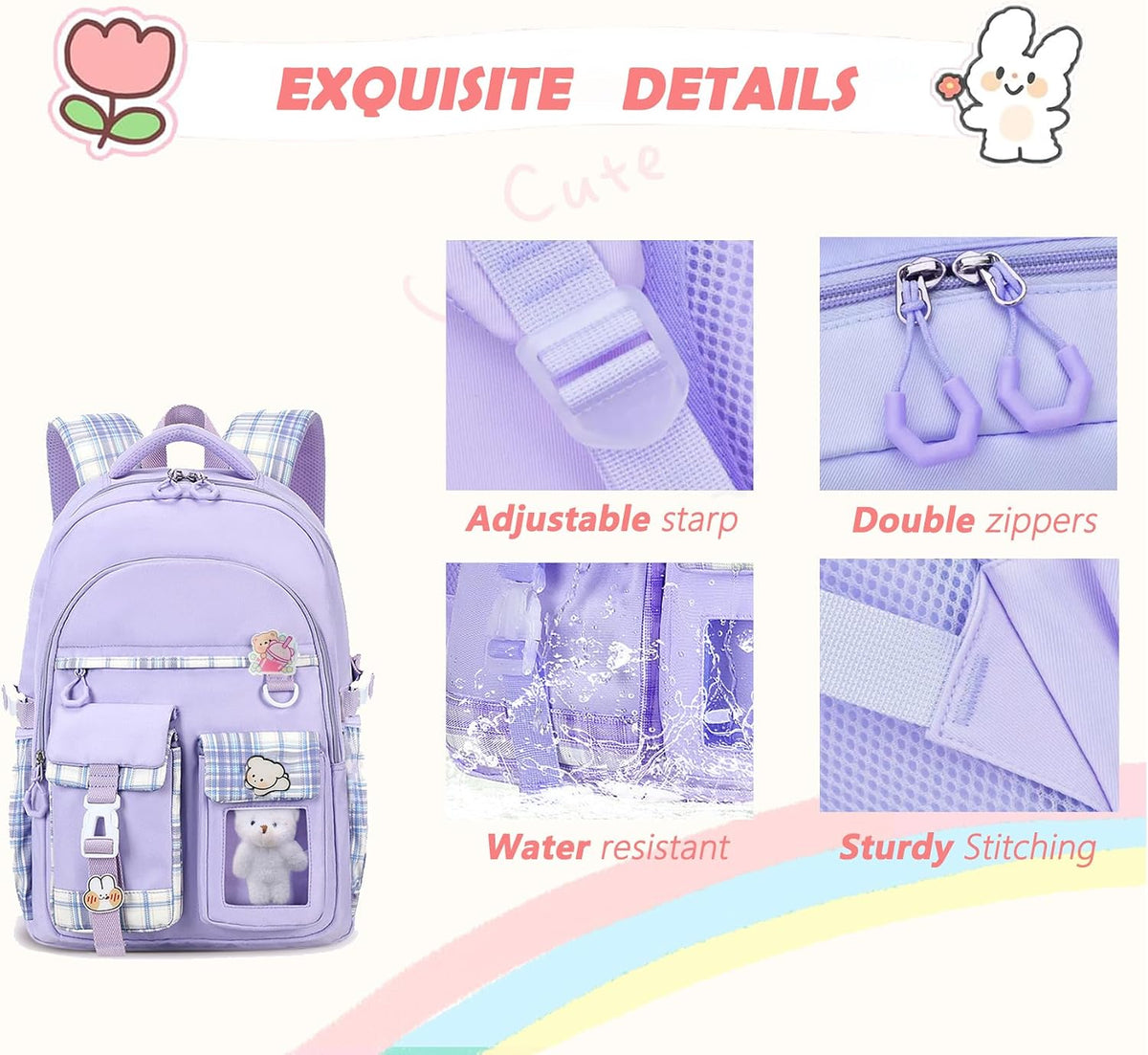 PRLINJSK Girls Backpack，Cute School Backpack for Girls Kids Teens，Kawaii Bookbag for Primary Elementary，Purple