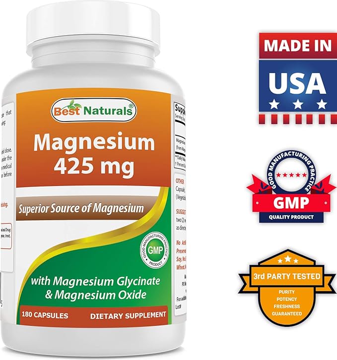 Best Naturals Magnesium 425 mg 180 Veggie Capsules - High Absorption Magnesium Glycinate & Magnesium Oxide Chelated, Non-GMO, Gluten Free Muscle Relax (180 Count (Pack of 2))