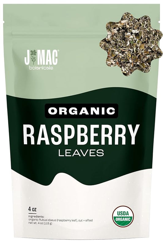 J Mac Botanicals, Organic Red Raspberry Leaf, Herbal tea (4 ounce bag 50+ cups) cut & sifted dried leaf
