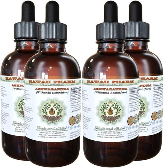 Ashwagandha Alcohol-Free Liquid Extract, Organic Ashwagandha (Withania Somnifera) Dried Root Glycerite Hawaii Pharm Natural Herbal Supplement 4x4 oz