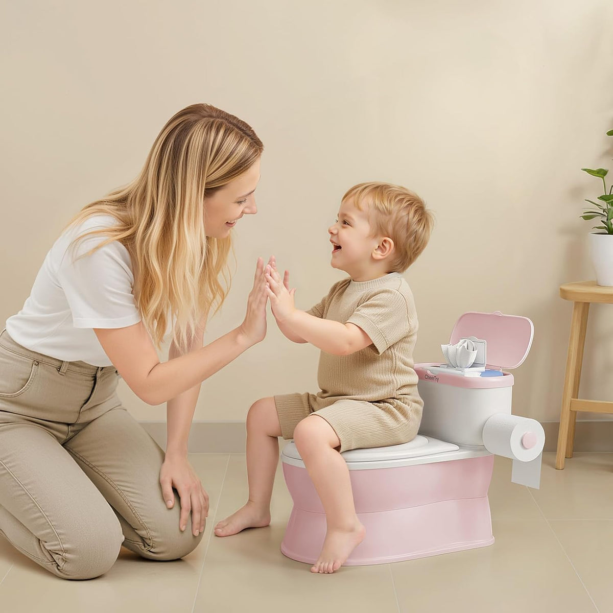 CheerTry 2-in-1 Toddler Potty Training Toilet with Detachable Training Seat | Large Potty Chair, Realistic Flushing Sound for Boys & Girls Ages 1-3 with Wipes Storage, Toilet Paper Holder - Pink