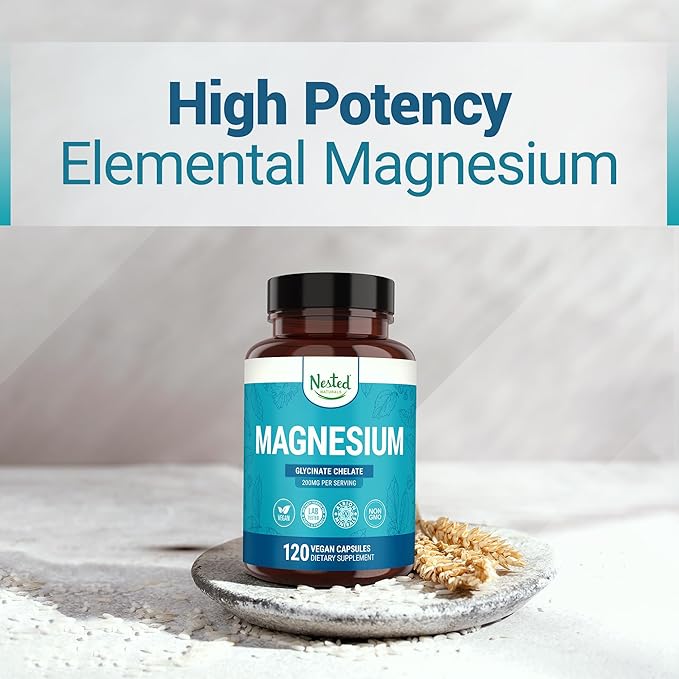 Nested Naturals Magnesium Glycinate Chelate - 200mg Chelated Magnesium Supplement for Muscle Cramps, Relaxation, & Sleep Support - 100% Albion TRACCS Buffered Magnesium Glycinate - 240 Vegan Capsules