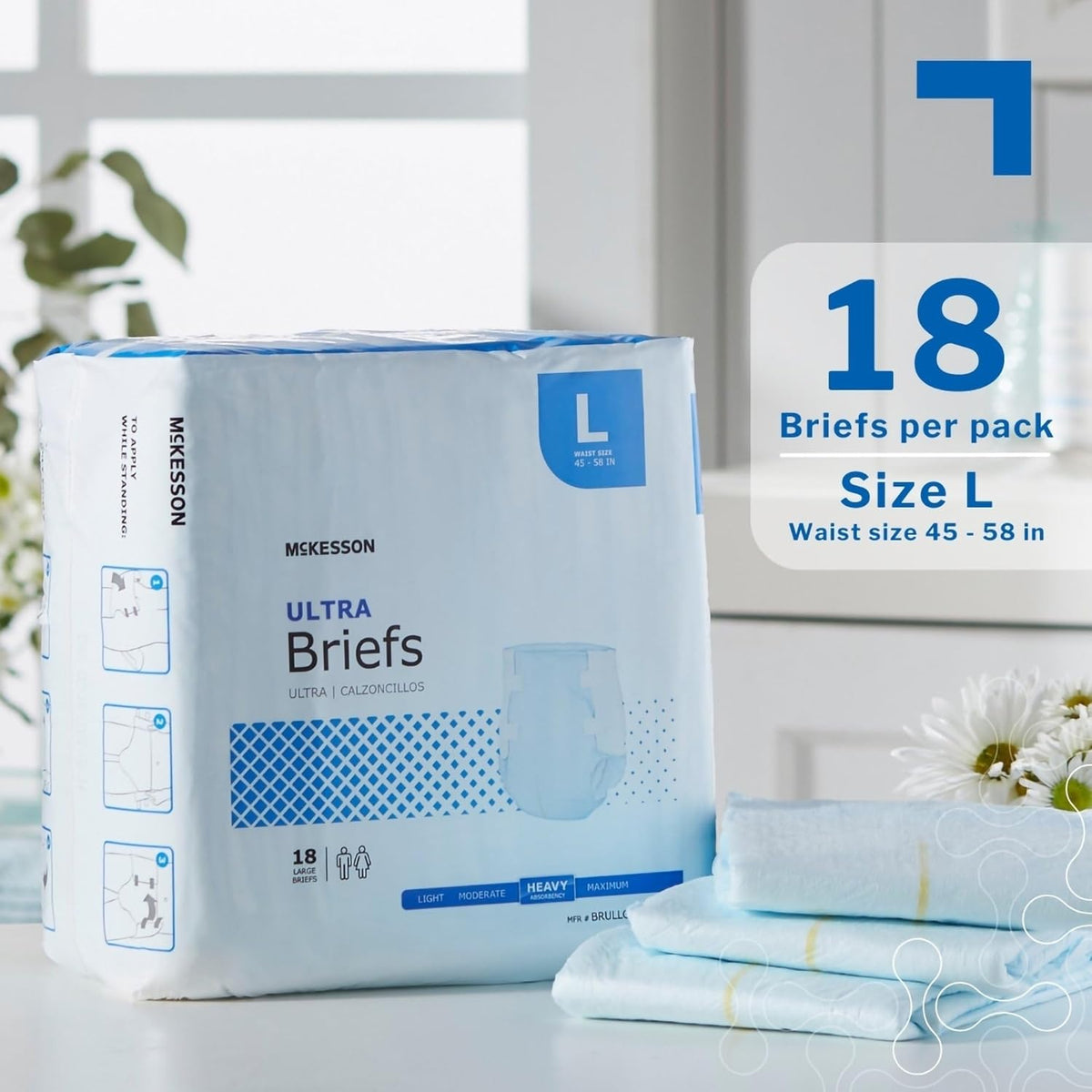 McKesson Ultra Briefs, Heavy Absorbency, Large, Unisex, 58 in, 72 ct | Disposable, Elastic Leg Gathers and Contoured Fit for Men and Women, Incontinence