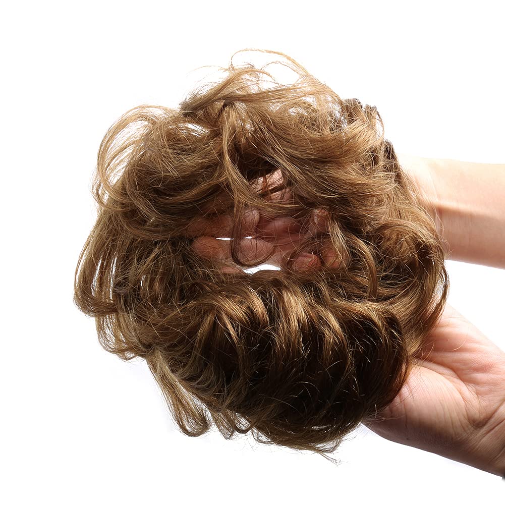 Bella Hair 100% Human Hair Scrunchie For Women Messy Bun Up-Do Hair Piece Wavy/Curly Ponytail Extensions (#4 Chocolate Brown/Dar