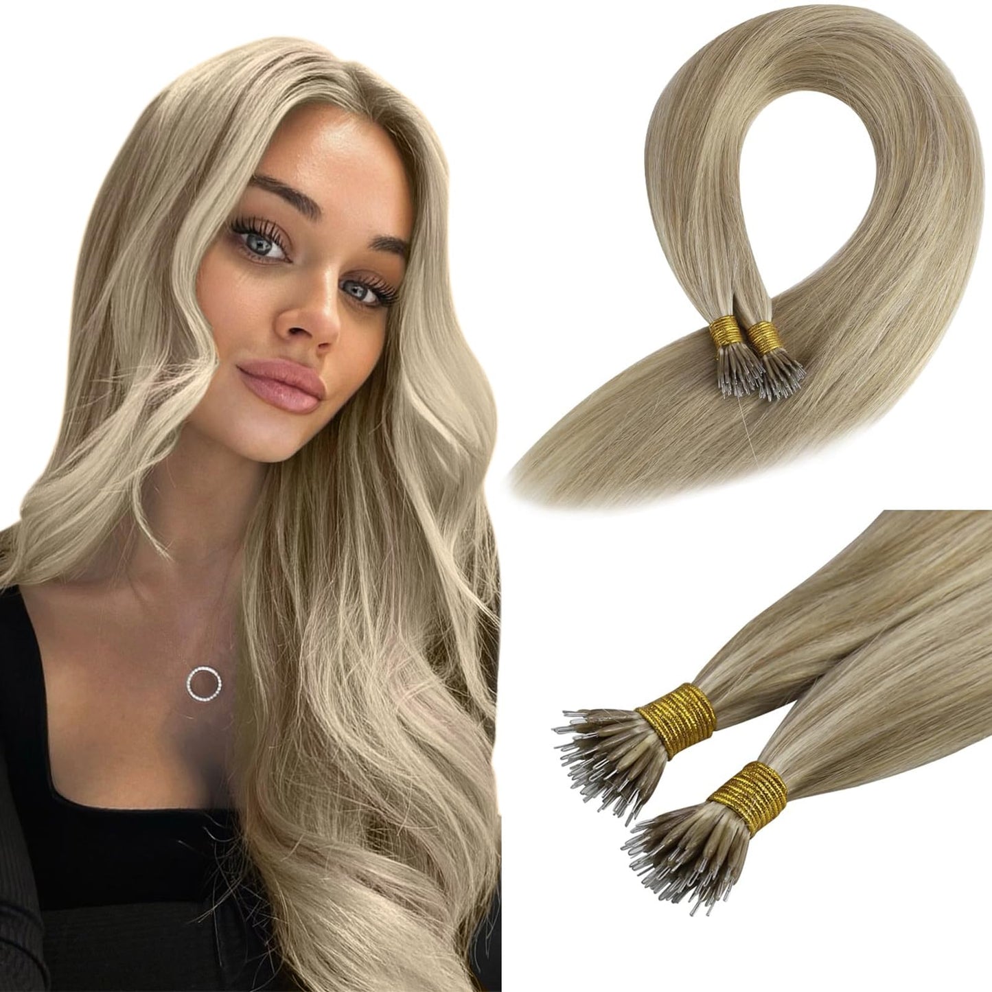 Sunny Hair Golden Blonde Nano Bead Hair Extensions Human Hair 16Inch Nano Extensions Human Hair Ash Blonde Highlighted Golden Bl