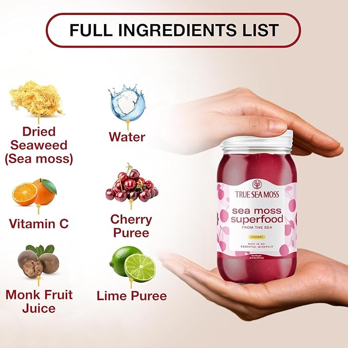TrueSeaMoss Sea Moss Gel – Made in USA – Wildcrafted Seamoss, Fresh Fruits & Sea Vegetables – Cherry, Pack of 3 (Labels may Vary)