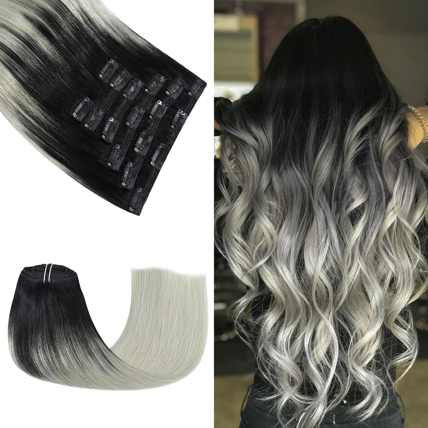 Honsoo Hair Extensions Clip Ins Real Human Hair 14Inch 120G Natural Black To Sliver Gray 7Pcs Soft, Natural & Smooth Hair Extens