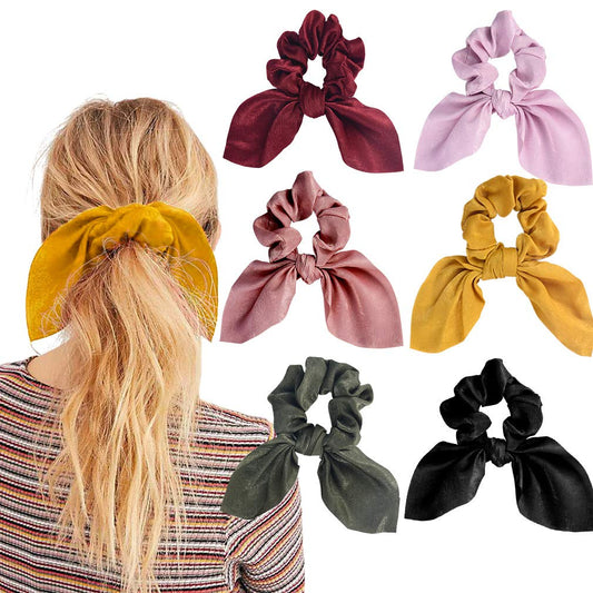 Aileam 6Pcs Hair Scrunchies Satin Silkrabbit Bunny Ear Bow Bowknot Scrunchie Bobbles Elastic Hair Ties Bands Ponytail Holder For