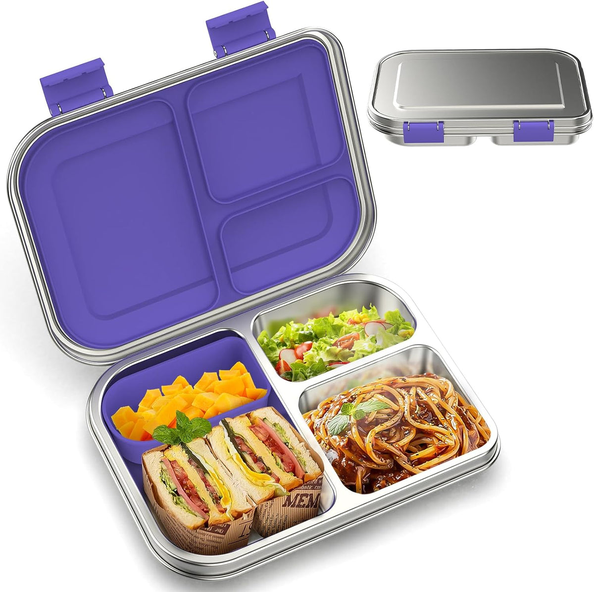 BOSEDSANG Stainless Steel Kids Leak-Resistant Bento Lunch Box, 3-Compartments with Silicone Container, Dishwasher-Safe, Child-Friendly Design for School, Picnics & Travel,BPA-Free(Pink)
