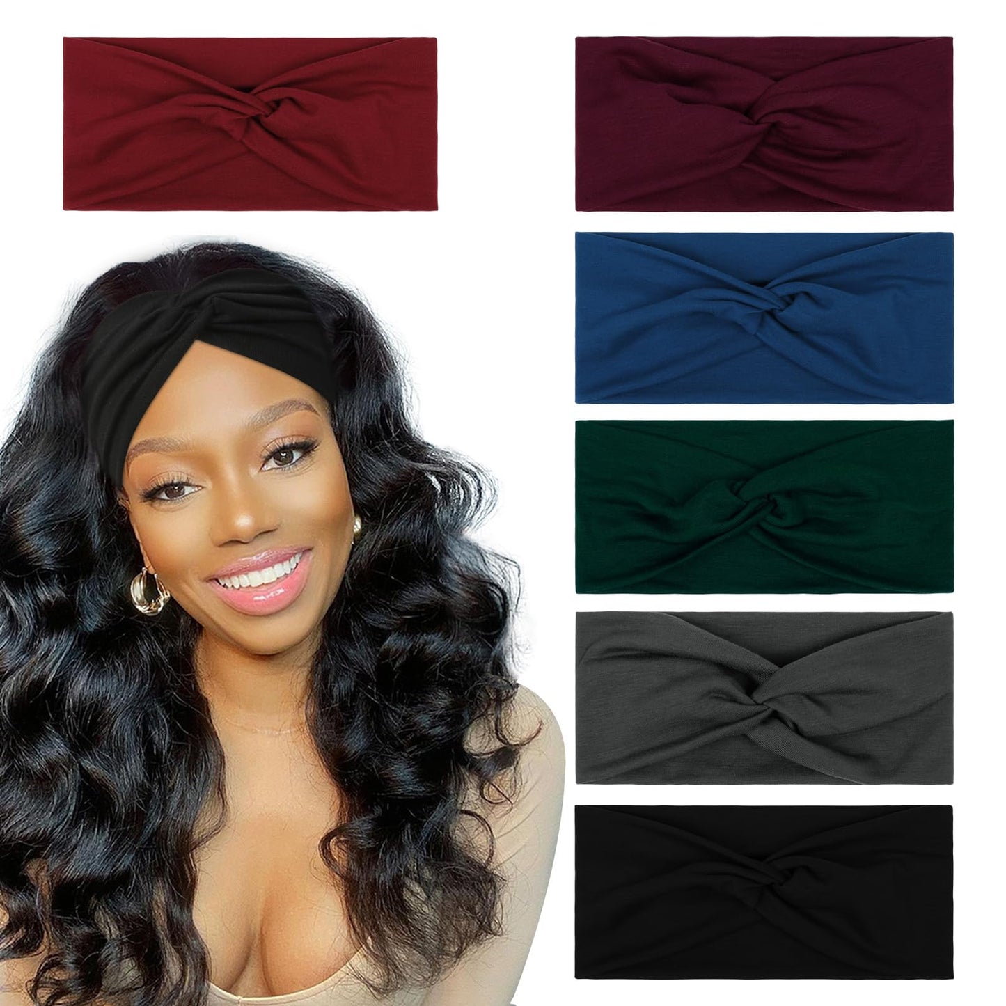 Turban Headbands For Women Wide Head Wraps Knotted Elastic Teen Girls Yoga Workout Solid Color Hair Accessories, 6 Pack