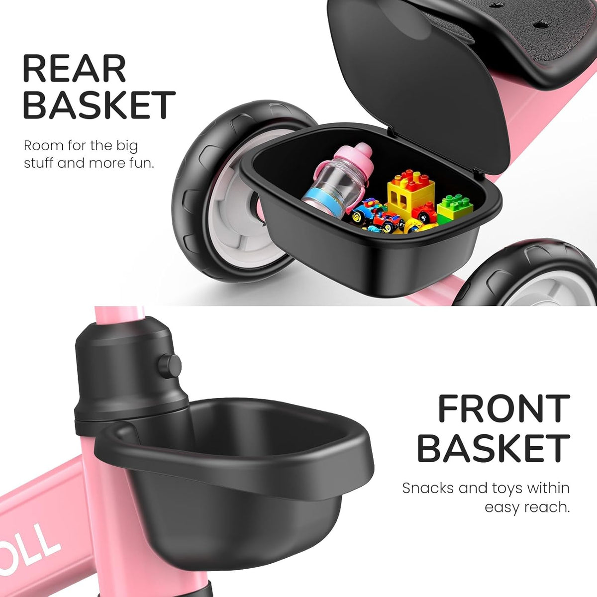 Umatoll Carbon Steel Tricycle for Toddlers 2-5 Years, Adjustable Outdoor Toy with Light-Up Wheels, Stable Ride, Dual Baskets