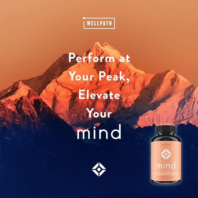 WellPath Mind Brain Supplement for Memory and Focus with Lion's Mane | Ginkgo Biloba and L-Theanine for Long Term Cognitive Support | Vegan, Non-GMO, 60 Ct