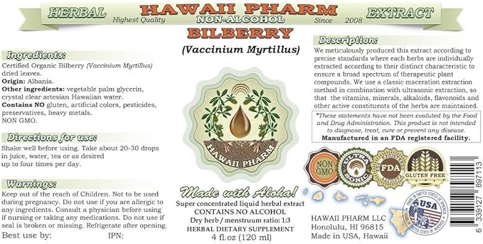 Bilberry Alcohol-Free Liquid Extract, Organic Bilberry (Vaccinium myrtillus) Dried Leaf Glycerite Hawaii Pharm Natural Herbal Supplement 2x4 oz
