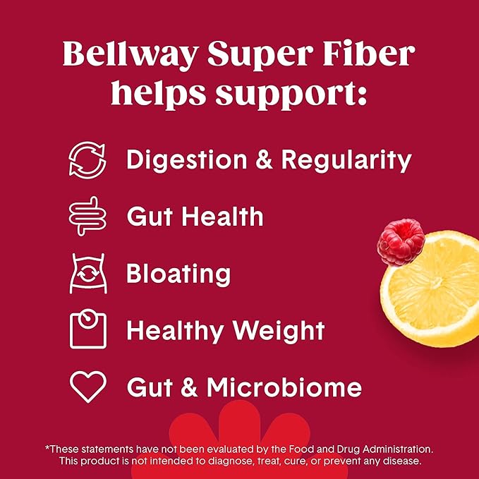 Bellway Super Fiber Powder + Fruit, Sugar Free Organic Psyllium Husk Powder Fiber Supplement for Regularity, Bloating Relief & Gut Health, Non-GMO, Plant-Based, Raspberry Lemon (50 Servings)