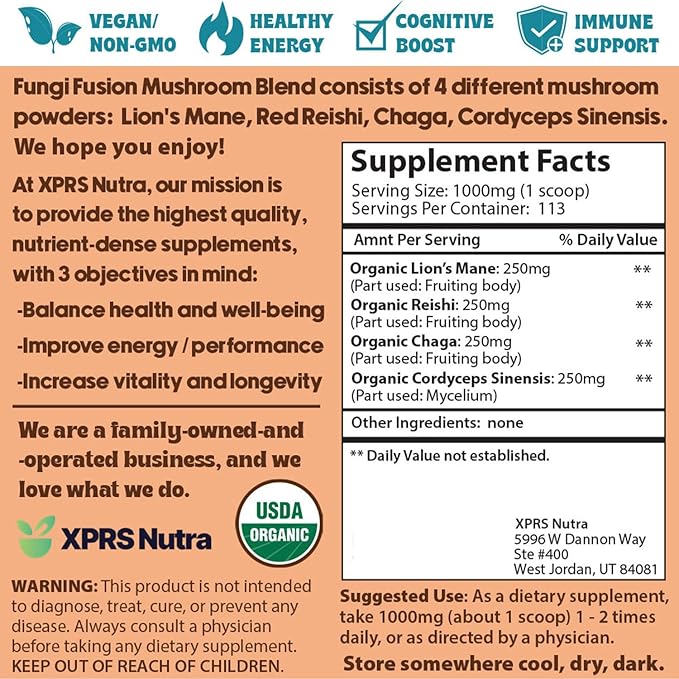 XPRS Nutra Fungi Fusion Organic Mushroom Powder Blend, Premium Blend of Lion's Mane, Reishi, Chaga, Cordyceps for Mental Clarity, Cognition, Energy and Immunity - 4 Ounce