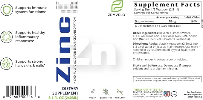 Liquid Ionic Zinc | 3 Month Supply | Encourage Clear Skin | Sustained Energy | Natural Inflammatory Support
