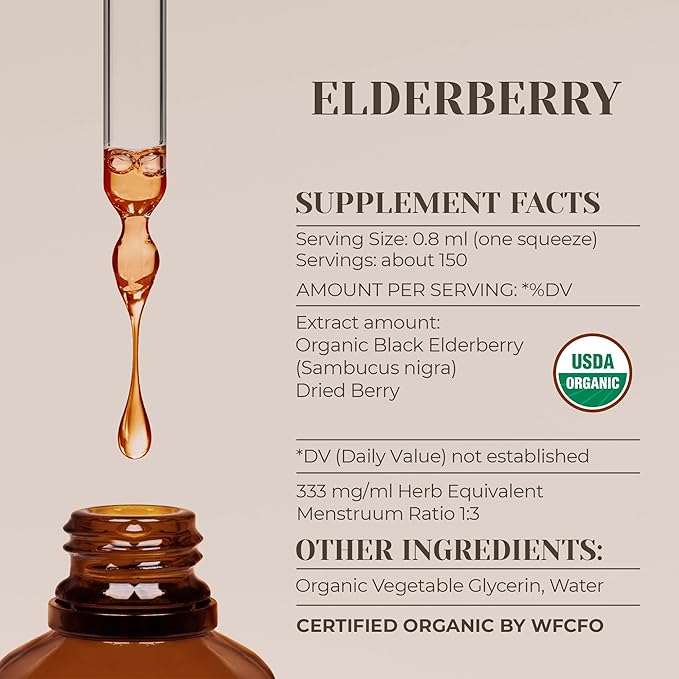 Elderberry USDA Organic Alcohol-Free Extract | Dietary Supplement, High-Potency Tincture | Natural Certified Organic Elderberry (Sambucus Nigra) Dried Berry (4 oz)
