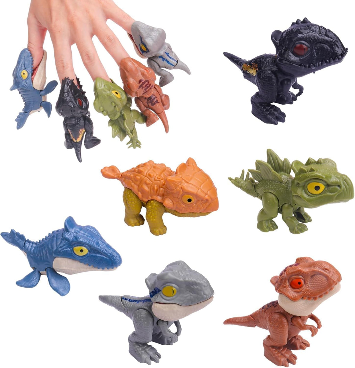 Winbar 6-Piece Biting Finger Dinosaurs Toy Set for Kids, Featuring Raptor, Mosasaur, Tyrannus, Stegosaurus, T-Rex, and Ankylosaurus Figures, Interactive Chomp Puppets for Play and Display.