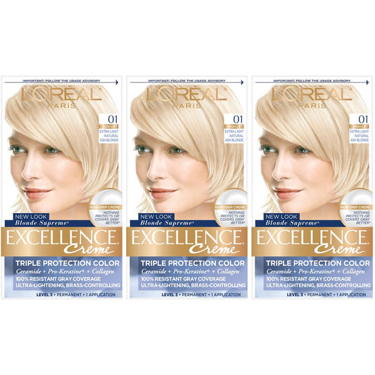 L'Or  Al Paris Excellence Cr  Me Permanent Hair Color, 01 Extra Light Ash Blonde, 3 Count