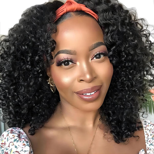 Isee Headband Wig Human Hair Kinky Curly Human Hair Wigs For Black Women Glueless None Lace Front Wigs 180% Density 16Inch