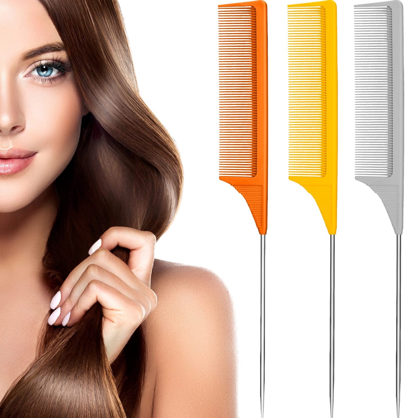 3 Packs Rat Tail Comb Steel Pin Rat Tail Carbon Fiber Heat Resistant Teasing Combs With Stainless Steel Pintail (Orange, Ginger,