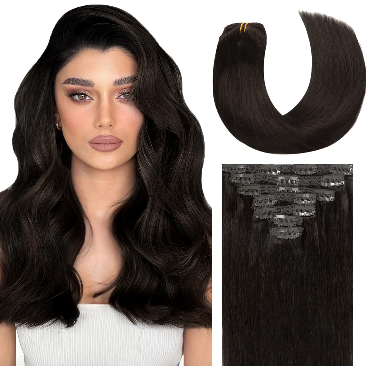 Lacer Hair Extensions Clip In Human Hair 22 Inch Darkest Brown #2 Double Weft 7Pieces 140G Silky Straight Natural Hair Lace Clip