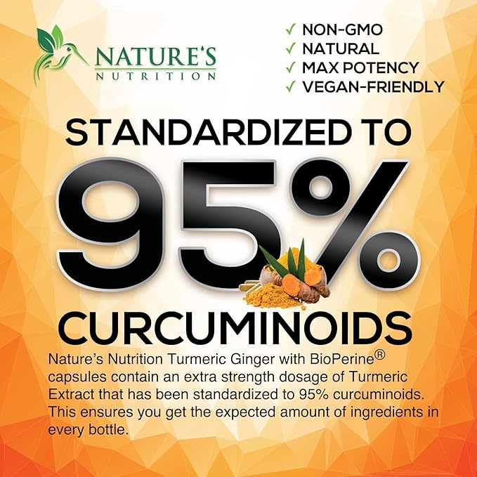 Turmeric Supplement Curcumin 2600mg - with Organic Ginger & Turmeric, BioPerine Black Pepper Extract 95% Curcuminoids - Advanced Absorption Antioxidant & Joint Support - Vegan - 60 Capsules