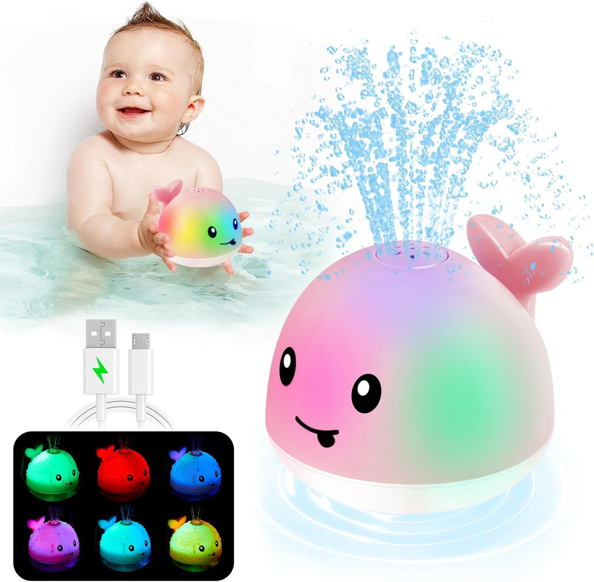 Anggiko Baby Bath Toy, Light Up Whale Sprinkler for Toddlers Ages 1-3, 6-12 Months Rechargeable Battery Toy Gift