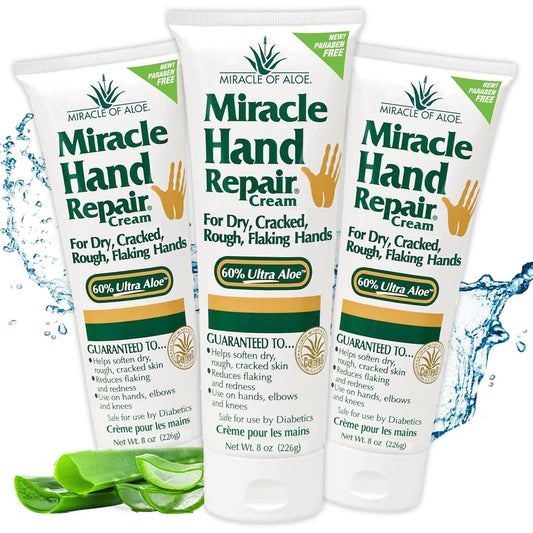 Miracle Of Aloes Miracle Hand Repair Cream 8 Oz Healing Aloe Vera Lotion For Dry, Cracked Hands With 60% Ultra Aloe Gel - Moistu