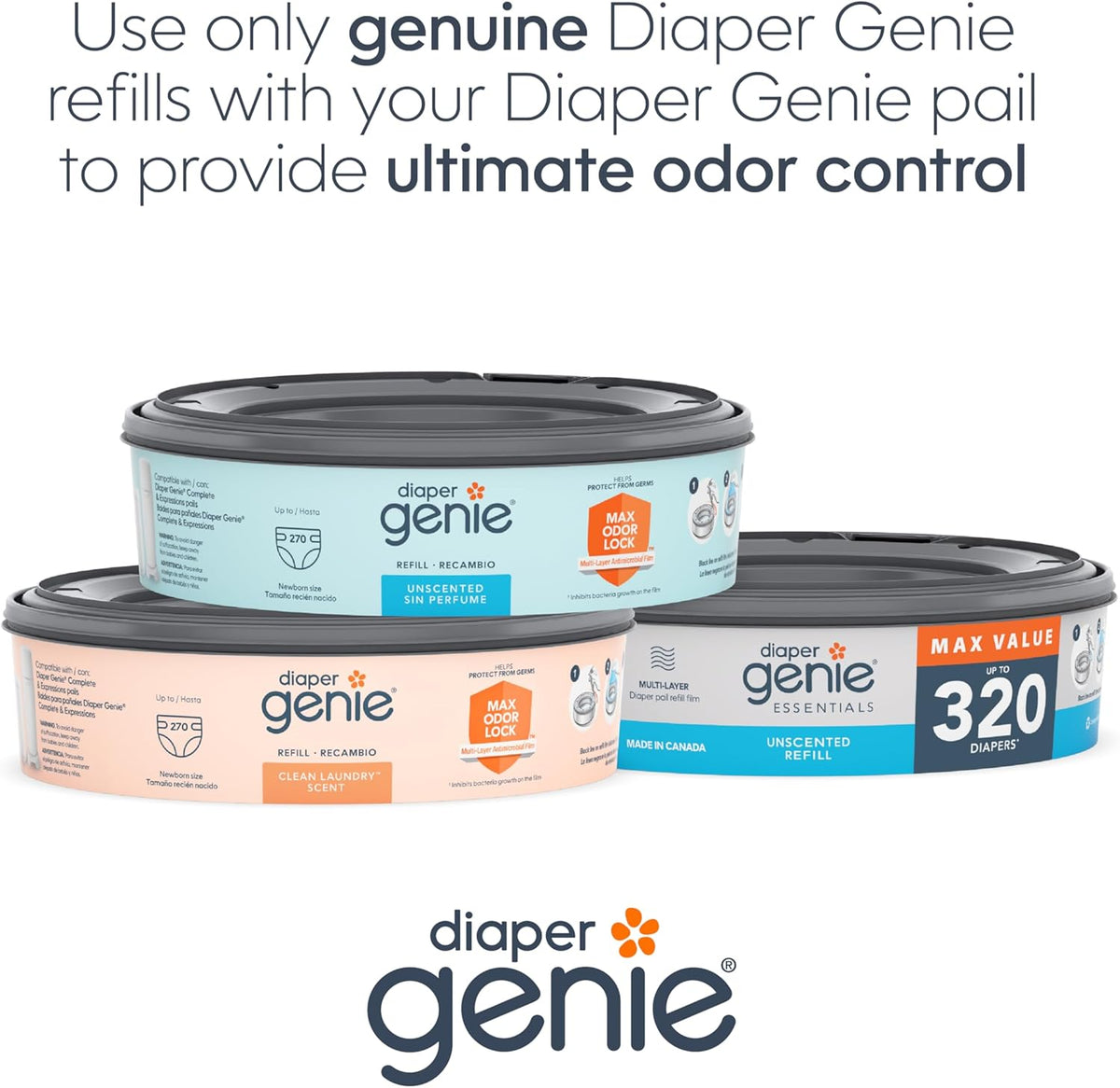 Diaper Genie Essentials Round Refill 8-Pack, Unscented, Fits Complete Pails
