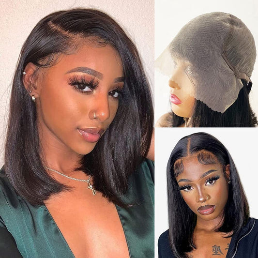 Karlami Bob Hair Wig Human Hair Straight 13X6 Hd Lace Frontal Wigs Pre Plucked 150% Density With Baby Hair Natural Black Side Pa