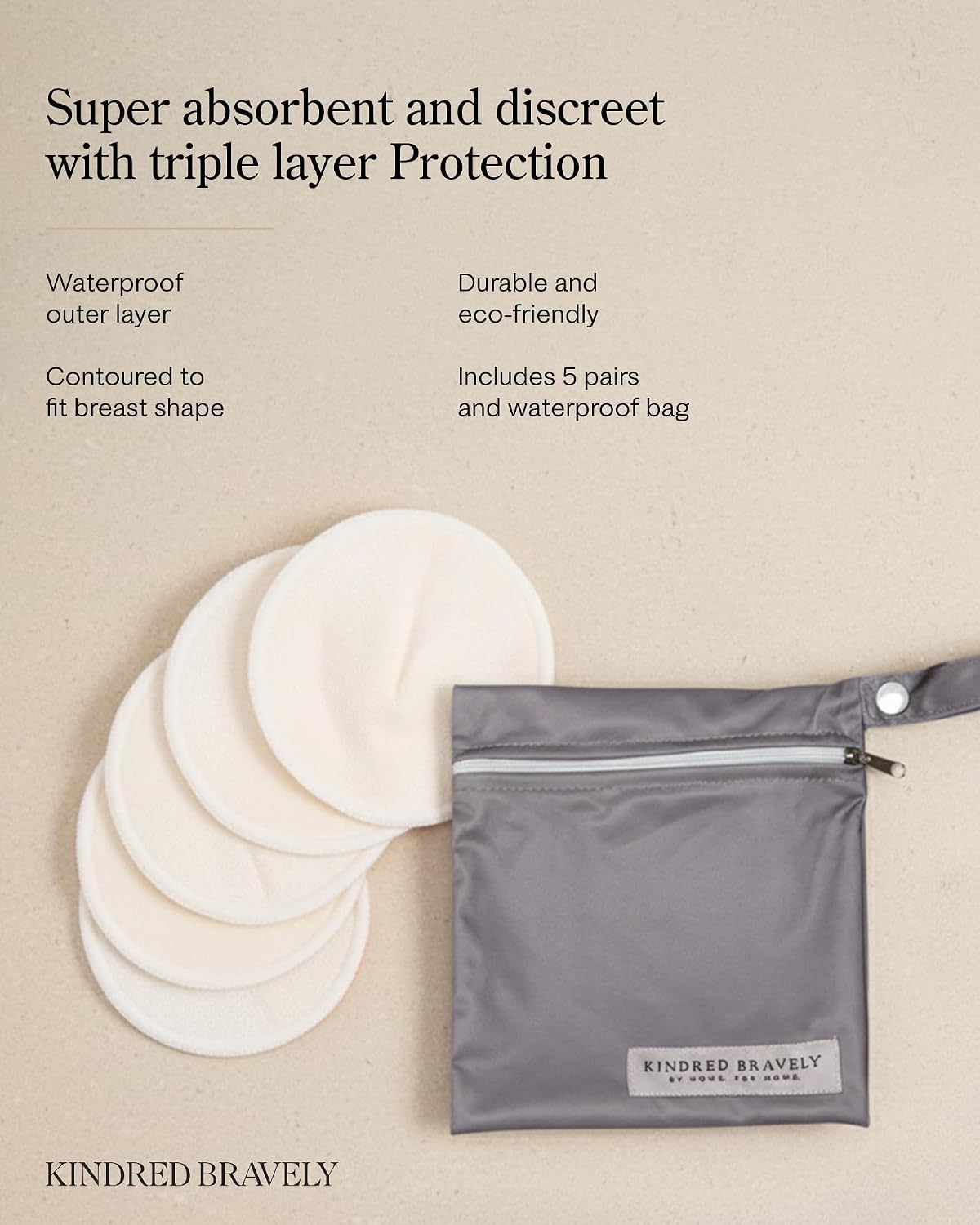 Kindred Bravely Organic Reusable Nursing Pads for Breastfeeding, 10 Pack | Soft washable breast pads with contoured fit and waterproof backing. Absorbent and gentle on sensitive skin with carrying bag