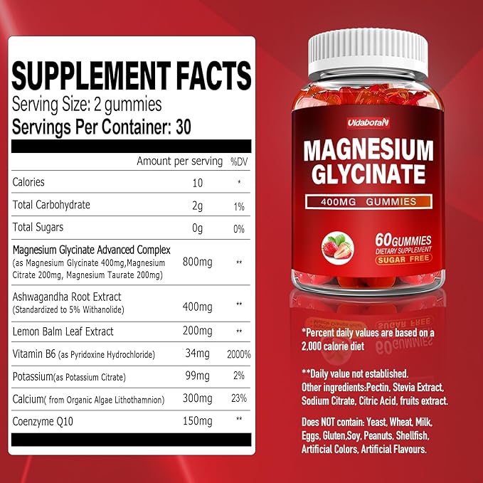 Magnesium Glycinate Gummies 400mg with Ashwagandha, Lemon Balm, CoQ10 for Energy Support & Better Zzz –Sugar Free Magnesium Gummy Supplements for Women and Men- 120 Count